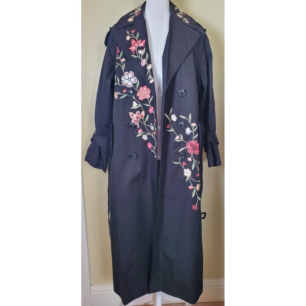 Kate Spade New York Madison Ave XXS Black Embroidered Pink Floral‎ Trench Coat - Picture 7 of 15